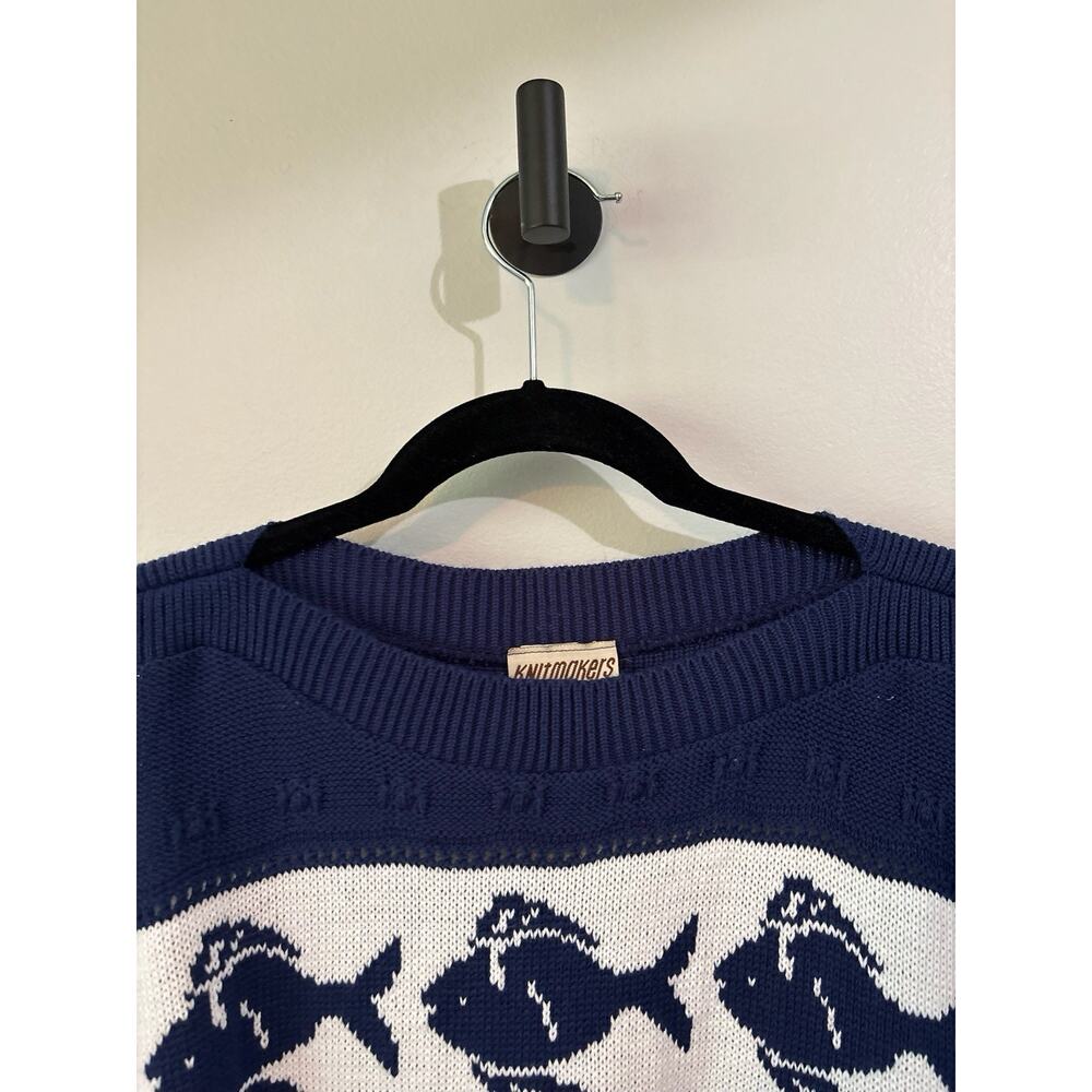 VINTAGE Knitmakers Fish Nautical Sweater Women Large Short Sleeve Navy White - Picture 2 of 6